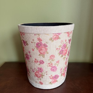Papelera vintage de lino con tapa / Papelera de lino con estampado de rosas / Papelera de tela con estampado floral