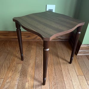 Mid Century Faux Wood Top and Solid Wood Legs Small Side Table or Plant Stand/ Vintage End Table