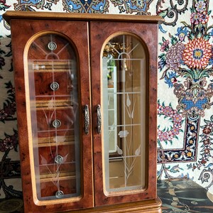 Vintage Wooden Jewelry Box with Necklace Carousel Ring Compartment 5 Drawers Floral Etched Glass Doors/Wooden Jewelry Armoire/Jewelry Chest