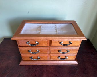 Vintage Solid Wood Jewelry Chest: Open Etched Glass Top Rings Compartment 2 Large Drawers/ Unisex Jewelry Box