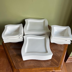 Made in Germany Villeroy & Boch New Wave shape Pircelian Serving Plates 24pcs/8 soup 8 salad 8 dinner plates set/Off White Porcelain Plates