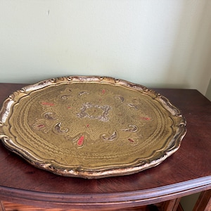 Vintage Italian Florentine Gold Gilted Round Tray 15” diameter/Large Made in Italy Florence Hand Made Gold Tray/Gold Perfume Tray image 9