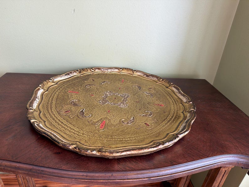 Vintage Italian Florentine Gold Gilted Round Tray 15” diameter/Large Made in Italy Florence Hand Made Gold Tray/Gold Perfume Tray image 9