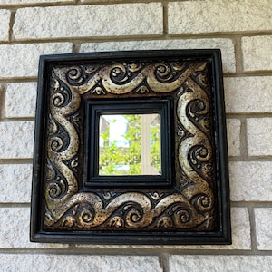 Vintage Square Frame Beveled Mirror/ Hollywood Regency Style Gold and Black Square Frame Mirror