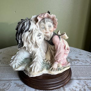 1982 Collectible Giuseppe Armani “Girl with Shepherd Dog” Porcelain Figurine on Wooden Base Made in Florence Italy Signed by Giuseppe Armani