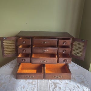 Mid Century Wooden Jewelry Armoire// 11 Drawers- Brass Lattice-Orange Lining Made by PRESTIGE in Japan//PRESTIGE Wood Jewelry Box
