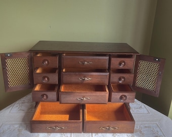 Mid Century Wooden Jewelry Armoire// 11 Drawers- Brass Lattice-Orange Lining Made by PRESTIGE in Japan//PRESTIGE Wood Jewelry Box