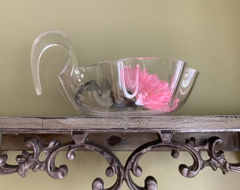 Vintage Clear Lucite Bowl with Handle/Abalone Lucite Bowl/ Vanity Accessories Holder Dish