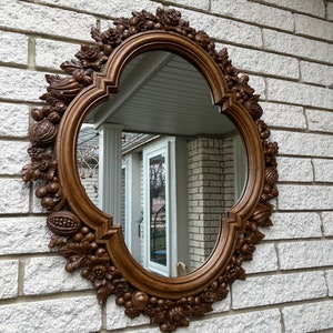 RARE Mid Century Syroco Mirror/ 1960s Syroco Wood #2004 Wall Mirror/ Molded Fruit and Floral Frame Mirror 30 x 25
