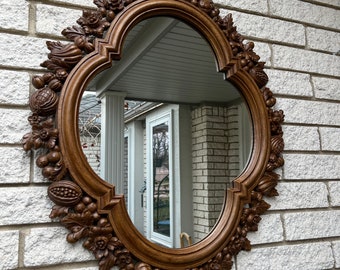 RARE Mid Century Syroco Mirror/ 1960s Syroco Wood #2004 Wall Mirror/ Molded Fruit and Floral Frame Mirror 30 x 25