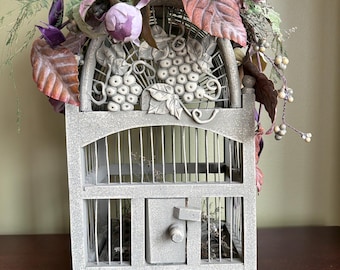 Vintage Small Painted Wood and Wire Birdcage/Birdcage with Artifitial Flower Decor/Tabletop or Hanging Wood & Wire Birdcage 14”x 8.5”x 5.75”