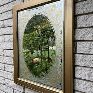Vintage from 80s Painted Gold Oak Frame Wall Mirror with Gold and White Frosted Floral Decoration Made in USA by Windsor Art