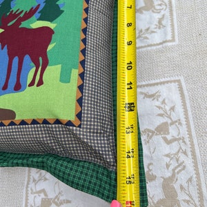May include: A green, brown, and blue pillow with a moose design. The pillow is 16 inches long.