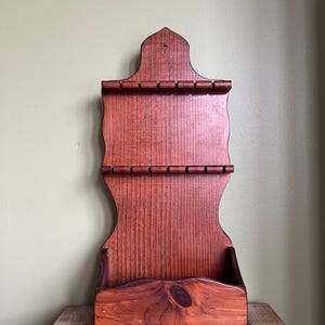 Vintage Wooden Spoon Rack with Shelf//Wood Display 14 spoon slots/Collectible Spoon Wall Display/Wooden Key Holder Rack with bottom Pocket