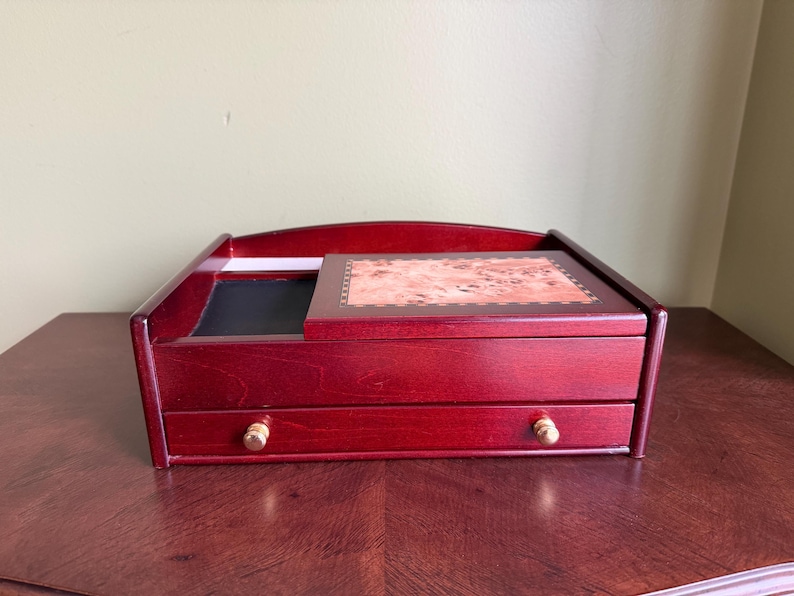 Vintage MELE Mahogany Jewelry Chest Inlay Wood Open Top Ring Holder Bottom Drawer/Wooden Jewelry Box for Men/Unisex Jewelry Box image 2