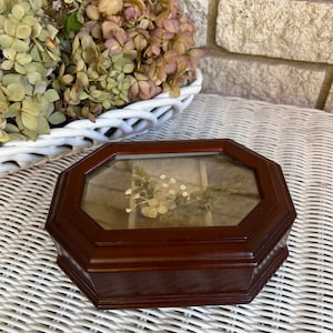 Vintage Bombay Co. Musical Wooden Jewelry Box with Flip Open Top and Ring Department playing Love Story