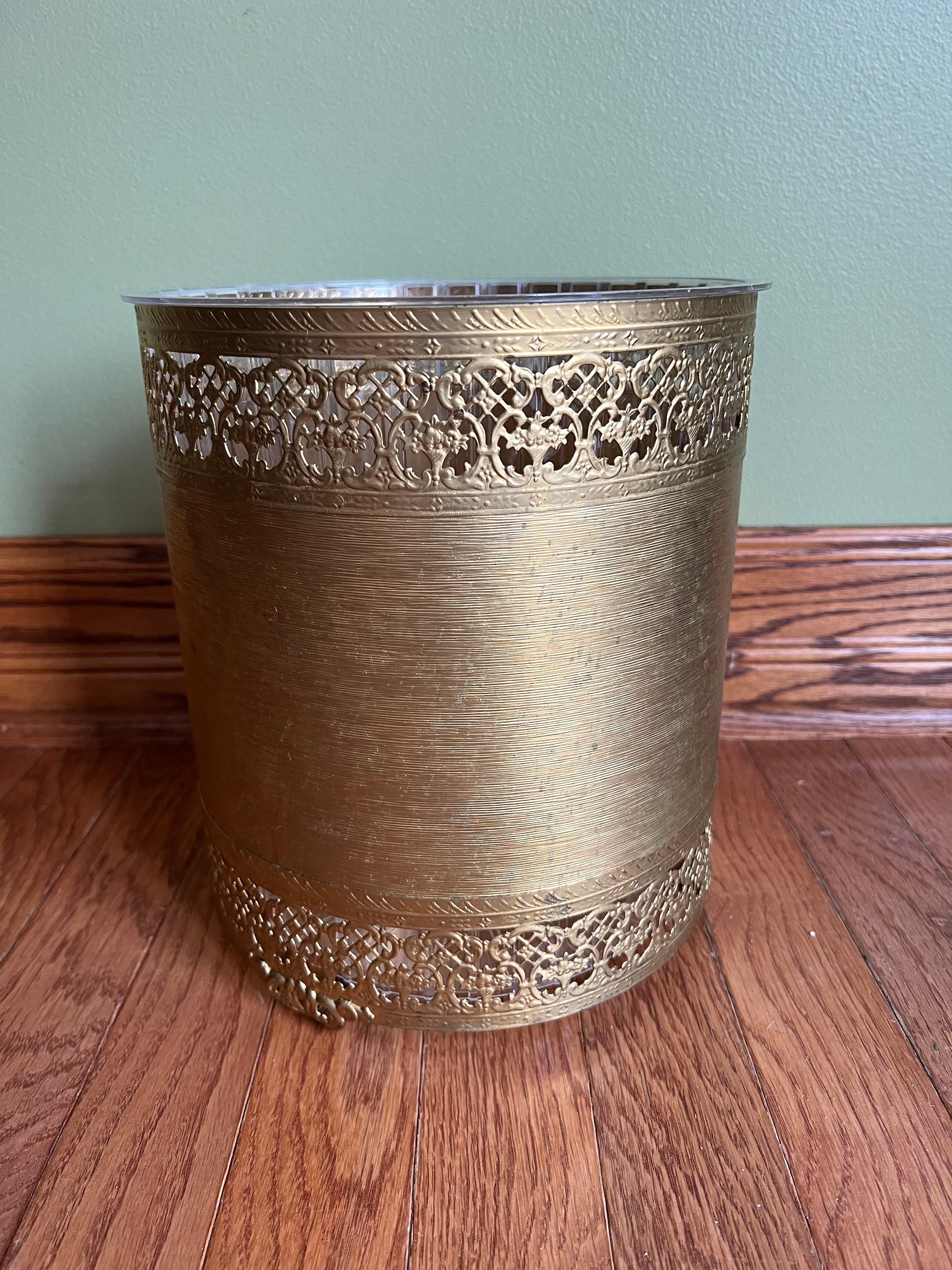 Vintage Stylebuilt Gold Tone Metal Waste Basket with Clear Acrylic