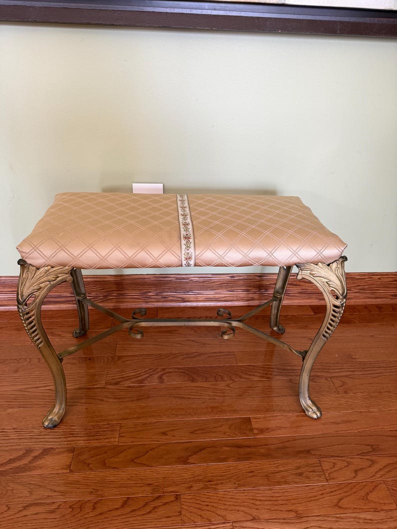 Antique Gold Gilted Cast Iron Bench with Claw foot and Fabric Top/ Italian inspired Antique Vanity Bench/Antique Window Seat/Hallway Bench immagine 3