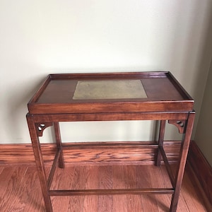 Vintage Asian Tea Table/ Wood and Etched Brass Top Tea Table Chinese/Asian Brass and Wood Serving Table