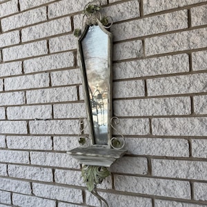 RARE! Vintage French Provincial Shabby Mirror-Scroll Metal Frame with Shelf/Old French Wall Sconce with Dark Mirror and Metal Foliage design