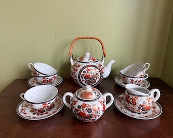 Vintage japansk Imari teservis - Tekanna 4 koppar kapacitet - Gräddkanna - Sockerskål - 5 koppar 5 oz. Kapacitet - 6 fat // Tillverkad i Japan av BBB