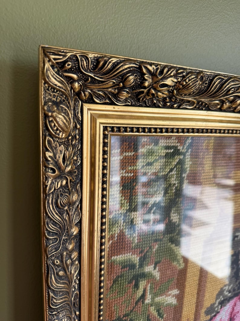 VTG Charles Zacharie Landelle “La Fileuse” Needlepoint Art Wall -Young Woman with Spindle Hand-stitched Needlepoint Art Framed Under Glass image 6
