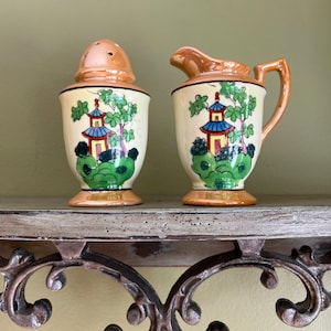 Vintage Lusterware Ceramic Sugar Shaker and Creamer Set Made in Japan Hand Painted