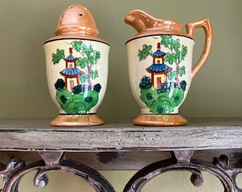 Vintage Lusterware keramische suiker shaker en creamer set gemaakt in Japan handgeschilderd