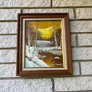 Vintage Winter Mountain Landscape Oil Painting Artist Signed Wood Frame