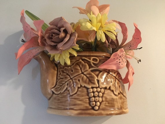 wall pocket USSR brown flower vase Vintage Ceramic Hanging Vase wall hanging planter home decor