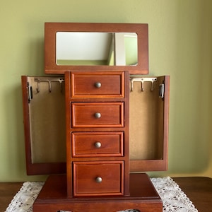 Vintage Wooden Jewelry Armoire 6 hooks for Necklaces and Chains Rings Compartment Mirrored Flip Open Top/Contemporary Unisex Jewelry Box