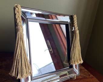 Specchio quadrato vintage con cornice in pelle marrone