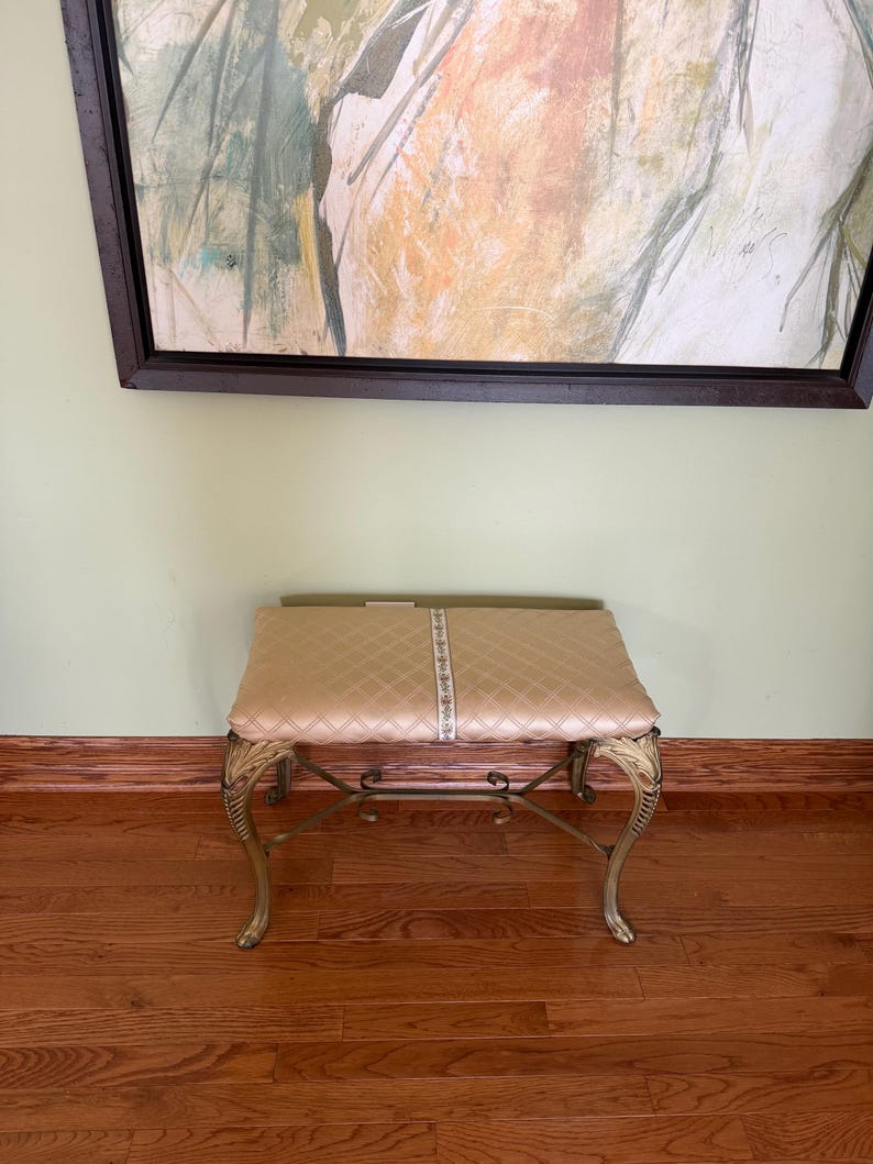 Antique Gold Gilted Cast Iron Bench with Claw foot and Fabric Top/ Italian inspired Antique Vanity Bench/Antique Window Seat/Hallway Bench immagine 2