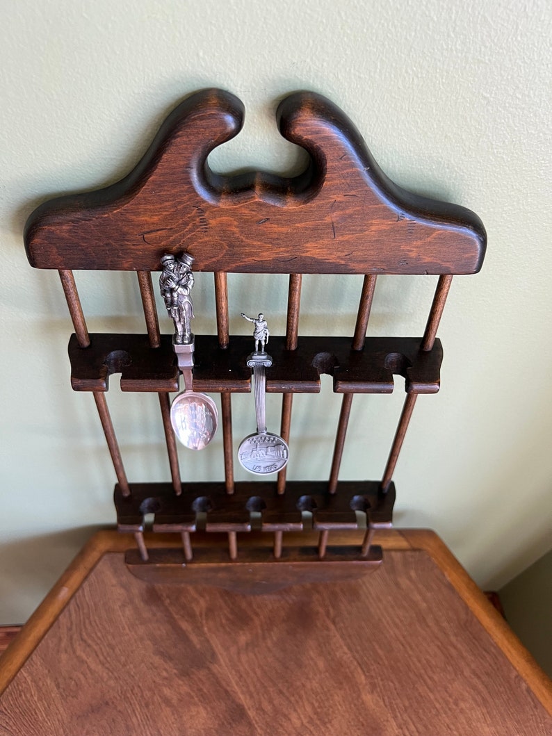 Vintage Solid Wood 10 Slot Spoon Rack With 2 Spoons/collectible Spoon ...