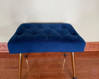Vintage Blue Velvet Tufted Upholstered Ottoman- Bench on Gold Metal Legs//Button Tufted Velvet Bench/Velvet Ottoman