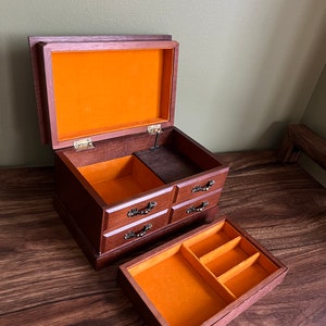 Vintage Musical Wooden Jewelry Box Flip Open Carved Top Red
