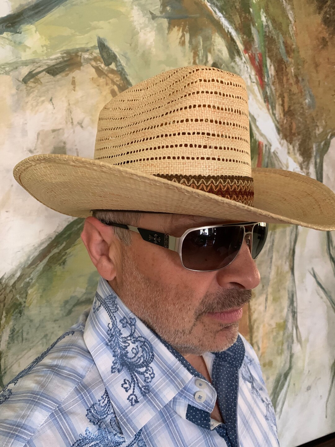 Vintage Straw Cowboy Hat With Western Print Fabric Band/ Professional