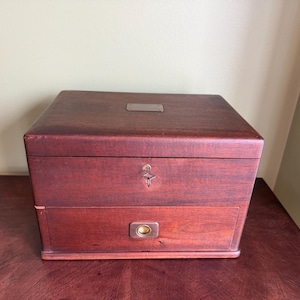 Antique Victorian era Solid Wood Humidor Cigar Box: Milk Glass Liner -2 Eagle Lock Co. Key-Top Load with Divider-Bottom Drawer-Brass Details