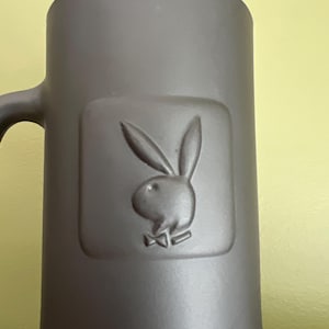 Vintage PLAYBOY BUNNY Large Coffee Cup/ Beer Stein/1970s Playboy Mug with Bunny Logo 16 oz Capacity 6.5” T Gray Matte Clay with Glass Insert