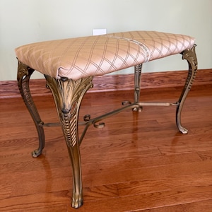 Antique Gold Gilted Cast Iron Bench with Claw foot and Fabric Top/ Italian inspired Antique Vanity Bench/Antique Window Seat/Hallway Bench immagine 1