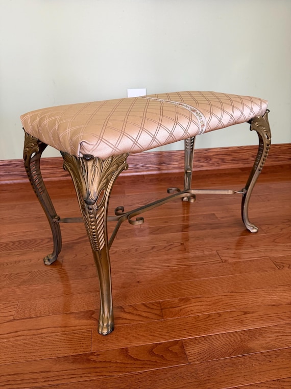 Antique Gold Gilted Cast Iron Bench with Claw foot and Fabric Top/ Italian inspired Antique Vanity Bench/Antique Window Seat/Hallway Bench