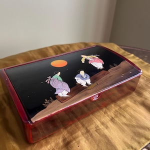 Mid Century Korean Laquered Trinket Box/ Traditional Korean Wooden Jewelry Box with Red Velvet Lining