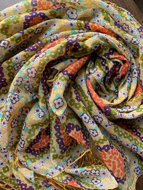 Vintage Abstract Flowers Cotton Scarf with Yellow… - image 2
