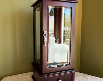 Vintage Art Deco Wooden Jewelry Armoire by Bombay Co. 16 hooks 1 Large Drawers Beveled Glass/Bombay Wood Jewelry Box/Jewelry Organizer