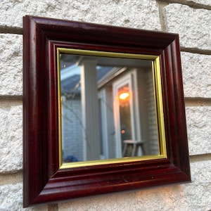 Vintage Small Square Wooden Frame Wall Mirror/Dark Cherry Finish with Gold Accent Square Mirror/ Small Gallery Mirror