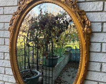 Vintage Ethan Allen Gold Gilt Baroque Style Large Oval Mirror/Rococo Gold Gilt Mirror 45” H x 30” W