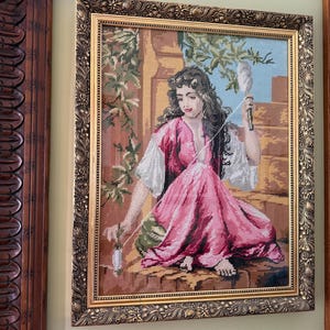 VTG Charles Zacharie Landelle “La Fileuse” Needlepoint Art Wall -Young Woman with Spindle Hand-stitched Needlepoint Art Framed Under Glass image 3