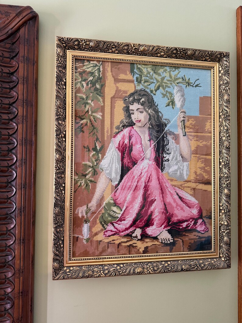 VTG Charles Zacharie Landelle “La Fileuse” Needlepoint Art Wall -Young Woman with Spindle Hand-stitched Needlepoint Art Framed Under Glass image 3