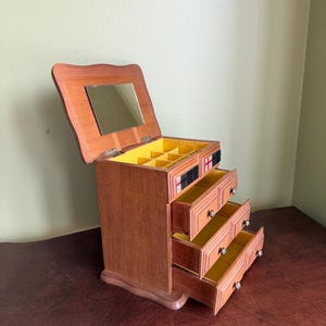 Vintage Small Wooden Jewelry Box- Flip Open Mirror Top - Yellow Felt Lining- 3 Drawers