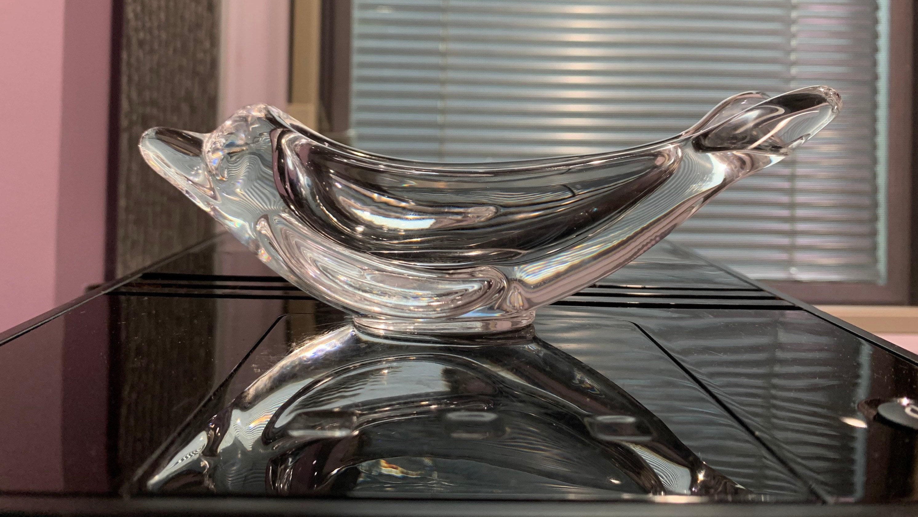 Vintage Vannes-le-châtel Art Crystal Glass Dolphin Bowl - Made in 